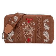 Made of PU leather , this wallet has:- Bandana paisley print on the front Wrangler logo Embroidered and whipstitch detail Zipper closure 3 open compartment, a zipper pocket and 10 card slots Single removable strap to convert the wallet into a wristlet 8.5" x 0.2" X 4.5" Wallet Card, Money Clip Wallet, Vintage Western, Wristlet Wallet, Elegant Accessories, Wallet Bag, Navy And Green, Bag Straps, Logo Embroidered