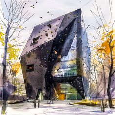 an artistic rendering of a building in the middle of trees with falling leaves on it