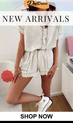 Ruffles Blouse Shorts Set Summer Ruffled Short Tops, Chic Spring Short Sleepwear, Chic Short Sleepwear For Spring, Spring Short Blouse, Feminine Short Tops For Summer, Chic Spring Sleepwear, Short Length Blouse For Summer Day Out, Short Feminine Summer Tops, Feminine Short Summer Tops