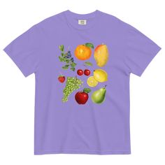 a t - shirt with fruit and vegetables on the front, in purple color scheme