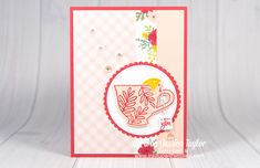 a close up of a card with a cup and saucer design on it,