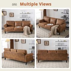 multiple views of a brown leather couch in a living room