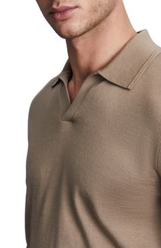 Soft, luxurious wool elevates a timeless polo-sweater topped with a smart Johnny collar. 26 1/2" length (size Medium) Johnny collar Short sleeves 100% wool Hand wash, dry flat Partially lined Imported Classic Brown Fine Knit Top, Beige Cashmere Top With Ribbed Collar, Beige Cashmere Tops With Ribbed Collar, Classic Long Sleeve Beige Polo Sweater, Classic Beige Long Sleeve Polo Sweater, Fitted Classic Beige Sweater, Cashmere Top With Seamless Collar, Cashmere Tops With Seamless Collar, Classic Brown Tops With Johnny Collar