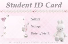 an id card with a teddy bear and pearls