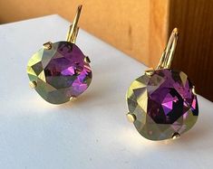 Violet Shadow Cushion Cut Crystal Dangle Earrings Lever-Back, Bronze Crystal Earrings, Gift For Her by frenchhouse on Etsy Shadow Color, Crystal Dangle Earrings, French House, Color Crystal, Swarovski Crystals