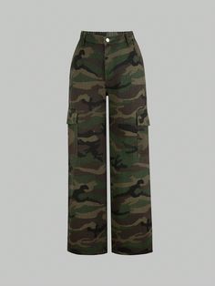 Teen Girl's Casual And Stylish Retro Camouflage Jean Pants, Straight Cut Dark Green    Denim Camo Wide Leg Non-Stretch All Teen Girls Clothing, size features are:Bust: ,Length: ,Sleeve Length: Outfits With Camo Pants, Camo Pants Outfit, Basic Clothes, Camouflage Jeans, Casual Denim Jeans, Jean Pants, Camo Pants, Jeans Casual