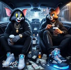 two cats sitting in the back of a car next to each other with money on the floor