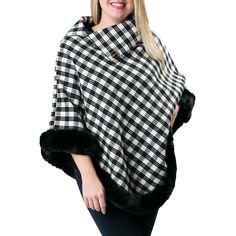 These luxurious ponchos with soft faux fur trim are the perfect addition to any cold weather wardrobe. Button detail and timeless check designs. Dress up or down. Pair with our hats and gloves for extra warmth! Details & Care One Size 28.5” L x 29” W 27” L from center point to bottom with 3” L faux fur trim (not including collar) 100% Polyester with faux fur trim Faux fur plush teddy bear lining Wash cold. Hang dry. Imported Winter Plaid Poncho, Plaid Winter Poncho, Winter Faux Fur Poncho With Trim, Winter Poncho With Faux Fur Trim, Check Designs, Designs Dress, Center Point, Poncho Tops, Fall Transition