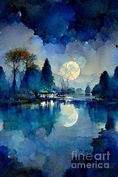 a watercolor painting of the moon setting over a lake with trees and houses on it