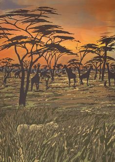 a painting of some animals in the wild at sunset or dawn with trees and grass