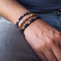 This bracelet is so comfortable and lightweight that you will definitely be going to wear it all day long even when showering or swimming I've designed it for men but it can easily be worn by women and teenagers too! ➽DESCRIPTION I've made this bracelet of 8 round blue-green azurite beads and 7 barrel raw sterling silver oxidized beads all attached to a blue minimal macrame design. A macramé finish allows the bracelet to be adjusted in length. At the end of the cord, there is an azurite bead and Blue Beaded Bracelets With Sliding Knot For Everyday, Blue Hand Wrapped Bracelets For Everyday, Everyday Blue Hand Wrapped Bracelets, Adjustable Lapis Lazuli Beaded Bracelets For Everyday, Everyday Hand-wrapped Blue Friendship Bracelets, Everyday Hand Wrapped Blue Friendship Bracelets, Minimal Macrame, Beige Picture, Boyfriends Gift