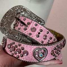 Vintage Retro Pink Leather Heart Silver Studded Feminine Barbiecore Western Belt Fabulous Pink Leather Western Belt With Shinny Silver Studs And Charming Sparkling Hearts. Rounded Shinny Silver Tone Studded Line The Edges Of This Bubble Gum Pink Textured Leather With A Smattering Of Silver Studs And Sparkling Coordinating Pink Rhinestones. Traditional Western Shape Buckle With Etching And Sparkling Rhinestones. Heavy High Quality Belt That Is Made For Princess. Excellent Condition I Think There Pink Bb Belt, Cute Belts, Egirl Aesthetic, Leather Heart, Pink Belt, Bubble Gum Pink, Western Belt, Western Belts, Pink Leopard