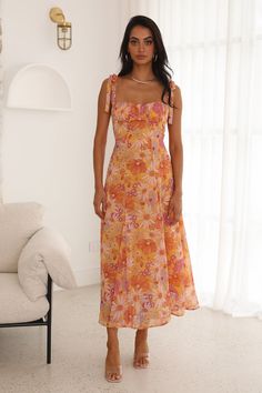 -Hey Shelly Summer Wedding Outfits Guest, Warm Floral Bridesmaid Dresses, Pink Floral Dress Formal, Desert Wedding Dress Guest, Funky Cocktail Dress, Orange Semi Formal Dress, Spring Midi Dress Formal, Colorado Wedding Guest Dress