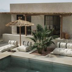 an outdoor pool area with lounge chairs, umbrella and palm tree in the foreground