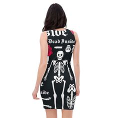 Tight gothic dress, perfect reflection of modernity and elegance. It is made from the highest quality materials and features a stunning mix of skulls and roses making it a unique masterpiece. This dress is the garment you need to become the center of attention anywhere. * 82% polyester, 18% elastane * Fabric weight: 230 g/m² (6.78 oz/yd weight may vary by 5% * Made with soft microfiber yarn that is pleasant to the touch * Four-way stretch fabric Gothic Bodycon Dress For Night Out, Edgy Fitted Halloween Dress, Edgy Fitted Mini Dress For Halloween, Fitted Emo Dress For Night Out, Fitted Emo Style Dress For Night Out, Halloween Alternative Fitted Dresses, Fitted Alternative Style Halloween Dress, Sleeveless Skull Print Party Dress, Alternative Fitted Dress For Halloween