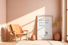 there's no place like home poster next to chair and potted plant on the floor