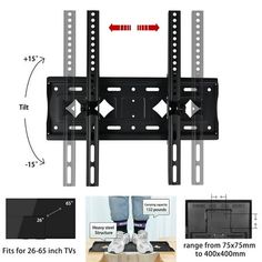 the full motion tv wall mount is shown with measurements for each arm and foot on it