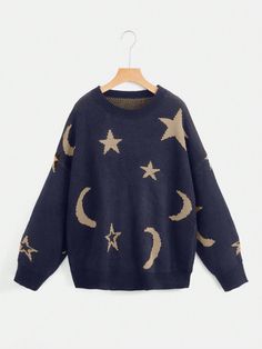 Azul Marino Casual Collar manga larga Lana Peinada Geométrico Pullovers Embellished Elástico Ligero Pastel Colored Clothes, Cool Vintage Clothes, Cute Colorful Sweaters, Stars Aesthetic Clothes, Blue Star Clothes, Mooncore Clothes, Cute Colorful Clothes, Navy Blue Clothes Aesthetic, Blue Emo Outfits