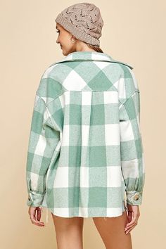 Lime N Chili OttCute trending shacket shirt plaid jacket coat with chest pockets and buttons. Oversize loose fit. Button up. Banded cuffs. Heavyweight and flannel lined. Keep warm. So Cute! Color: Sage/Ivory, Lining Green Polyester soft flannel Sizes: S/M M/L Pit to pit S/M 24, Length 26" Pit to pit M/L 25, Length 27 100% Polyester, Lining Polyester hand wash cold, line dry, imported E5-4/M0955 Plaid Single Breasted Shacket For Fall, Plaid Single-breasted Shacket For Fall, Trendy Plaid Cotton Outerwear, Spring Plaid Flannel Outerwear, Spring Collared Flannel Shirt With Pockets, Collared Flannel Shirt With Pockets For Spring, Casual Oversized Flannel Outerwear, Plaid Single Breasted Shacket For Winter, Plaid Single-breasted Shacket For Winter