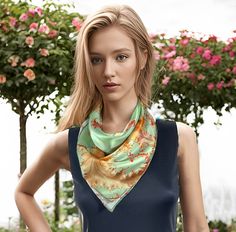 "\"Tidepool\" Silk Bandana features a Peach and gold fractal on a pale green background with a hand-rolled hem. Choose from the bandana sized 25\" wide square or the smaller 16\" neckerchief.    * Choose from bandana size: 25\" square (66cm square) or small neckerchief size: 16\" square (42cm square) * Hand-rolled hem * Digitally printed original design * 100% silk satin * Dry clean only * Can be ironed, but use of a press cloth is recommended to prevent staining. * Arrives packed in an elegant Elegant Green Scarves For Summer, Elegant Green Summer Scarves, Multicolor Summer Shawl As Gift, Multicolor Shawl As Summer Gift, Summer Multicolor Shawl As Gift, Green Scarves For Spring Gift, Green Scarf As Spring Gift, Green Scarf For Spring Gift, Yellow Silk Scarf For Spring Gift