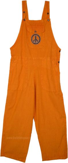 Orange Peace Hippie Cotton Overalls Jumpsuit | Dresses | Orange | Sleeveless, Bohemian, Handmade Casual Summer Overalls With Side Pockets, Solid Cotton Jumpsuits And Rompers With Pockets, Cotton Jumpsuits And Rompers With Pockets, Cotton Jumpsuits And Rompers With Adjustable Straps, Solid Cotton Denim Jumpsuit For Summer, Summer Cotton Denim Jumpsuit, Sleeveless Cotton Utility Jumpsuits And Rompers, Cotton Jumpsuit With Adjustable Straps And Bib Front, Relaxed Fit Solid Overalls With Side Pockets