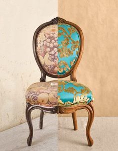 two chairs side by side with one chair upholstered in gold and the other painted blue