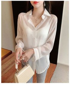 Loose Back Tie Transparent Blouse Shirt – Tomscloth Casual Sheer Top For Office, Classic Sheer Top For Office, Casual Long Sleeve Sheer Shirt, Casual Sheer Blouse For Office, Sheer Long Sleeve Office Top, Solid Color Sheer Long Sleeve Tops, Female Tops, Baby Tees Y2k, Chiffon Long Sleeve