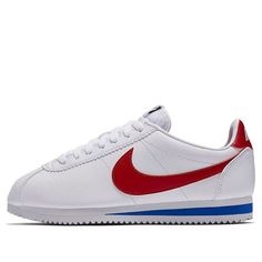 (WMNS) Nike Classic Cortez Leather 'White Red' 807471-103 Classic White Sneakers With Red Sole, Classic Nike Sneakers With Red Sole, Retro Leather Sneakers With Red Sole, Red Retro Leather Sneakers, Cortez Shoes, Nike Classic Cortez Leather, Nike Original, Nike Classic Cortez, Classic Cortez