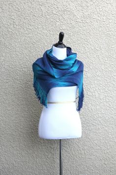 Hand woven scarf in dark blue and turquoise colors. Perfect #gift for her! This woven scarf is very soft and drapes nicely!  Measures: L: 78" with 6" fringe on both ends W: ... #kgthreads #accessories #cozy #fall #fashion #gradient #unisex #women #wrap Blue Bohemian Handwoven Shawl, Blue Shawl Wrap, Blue Handmade Bohemian Scarves, Blue Bohemian Handmade Scarves, Blue Bohemian Shawl With Fringe, Blue Bohemian Shawl Wrap, Bridesmaid Shawl, Pashmina Wrap, Woven Scarf