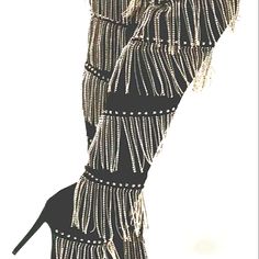 Long Black Thigh High Boots With Shingles. Black Over-the-knee Bottoms For Party, Black Over-the-knee Party Bottoms, Elegant Over-the-knee Black Bottoms, Elegant Over-the-knee Bottoms For Night Out, Chic Fringe Boots For Party, Elegant Thigh High Heeled Boots For Night Out, Glamorous Thigh High Heeled Boots For Night Out, Glamorous Thigh-high Heeled Boots For Night Out, Chic Party Over The Knee Heeled Boots