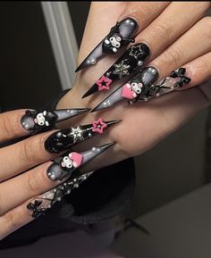 Goth Kawaii Nails, Baddie Goth Nails, Black Bedazzled Nails, Goth Stiletto Nails, Alt Nails Acrylics, Kuromi Nails, Stilleto Nails Designs, Anime Nails, Hello Nails