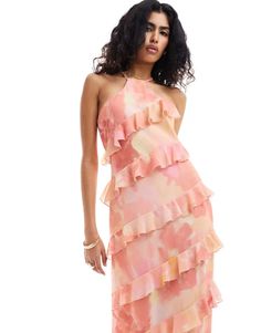 Pretty Lavish Katy ruffle maxi dress with split in pink floral | ASOS Flirty Fitted Tiered Maxi Dress, Pink Tiered Maxi Dress For Evening, Pink Fitted Maxi Dress With Ruffles, Fitted Pink Maxi Dress With Ruffles, Spring Fitted Maxi Dress With Ruffle Hem, Spring Floor-length Midi Dress With Ruffles, Spring Floor-length Ruffled Midi Dress, Spring Midi Dress With Ruffles And Floor-length, Chic Pink Maxi Dress With Ruffle Hem