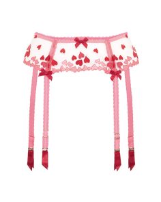 Love is in the air with Cupid. . Cupid is back to spread some romance. Seductively sheer tulle has been scattered with vibrant embroidered love hearts, making this an irresistible Valentine's treat. Pink suspender belt Sheer tulle base Embroidered pink and red hearts Adjustable satin straps finished with red satin flashes Hardware plating contains real gold for an extra luxurious touch Wear with the rest of the Cupid range for a beautifully romantic look Love Core Outfits, Lovecore Outfits, Pink Suspenders, Bridal Nightwear, Corset Shop, Valentines Lingerie, Garter Belts, Dream Aesthetic, Red Hearts