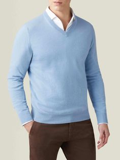 Our classic jumper is meticulously knitted in Bergamo, Northern Italy, using the finest two-ply pure cashmere. It features a slightly tailored silhouette that provides effortless comfort and allows for ease, while ensuring a neat and modern appeal. This luxurious V-neck weighs approximately 250 grams and has a refined 12-gauge knit, making it a perfectly insulated layer for autumn to spring.    We are proud to source only the finest A-grade fibres to produce superior cashmere yarn in the heart o Cashmere Suit, Cashmere Yarn, Cotton Chinos, Wool Trousers, Northern Italy, Fine Yarn, Bergamo, Men Fits, White Sweaters