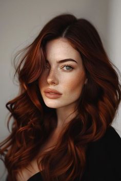 Dark Copper Hair Blue Eyes, Candice Core, Dark Copper Red Hair, Dark Copper Red Hair Color, Deep Copper Hair Color, Chocolate Copper Hair, Dark Copper Hair, Deep Auburn Hair, Gray Clothes