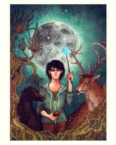 a painting of a woman holding a wand in her hand next to a deer and another animal