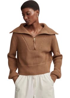 Crafted in a luxuriously soft cotton knit, the  Varley Mentone Knit - Golden Bronze features a half-zip, cut to a boxy, cropped silhouette. Enhanced with dropped shoulders and an oversized collar, it takes you from work-to-weekend, seamlessly. Model is 5'10", with a 32.5" bust, 25" waist, 36" hips, and is wearing a size small 100% Cotton - Machine wash cold with like colors, do not bleach. Lay flat to dry, do not tumble dry. Iron on low. Do not dry clean. Oversized Collar, Denim T Shirt, Half Zip Pullover, Knit Pullover, Brown Fashion, Knit Cuff, Cotton Knit, It Takes, Knitted Pullover