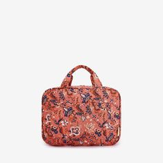 an orange and blue floral print laptop case on a white background with the handles closed