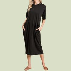 Casual Days Midi Dress features a french terry fabrication, crew neckline, shorts sleeves, and side pockets. A fabulous combination of relaxing and stylish. Fabric: 62% Polyester 34% Rayon 4% Spandex Unlined Care: Hand Wash Cold, Lay Flat to Dry Made in the USA