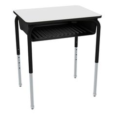 a black and white desk with a shelf on it's legs, against a white background