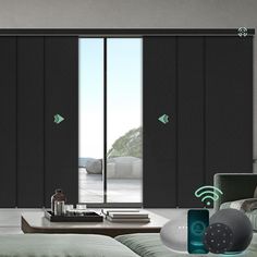 an image of a bedroom setting with sliding doors and wifi connected to the wall