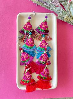 Beautiful handmade earrings, this order comes with one pair of earrings. This is a beautiful gift for any occasion or to add to your collection. * Handmade * Beautiful bold bright colors * Fish hooks For more colors and styles , click on the link to check out our shop 👉 http:/www.etsy.com/shop/platavictoria925 Traditional Handmade Multicolor Tassel Earrings, Multicolor Tassel Earrings As A Gift, Multicolor Tassel Earrings For Gifts, Unique Multicolor Tassel Earrings For Gift, Pink Bohemian Embroidered Jewelry, Bohemian Embroidered Pink Jewelry, Colorful Dangle Tassel Earrings Gift, Handmade Multicolor Earrings For Celebration, Embroidered Drop Earrings For Gift