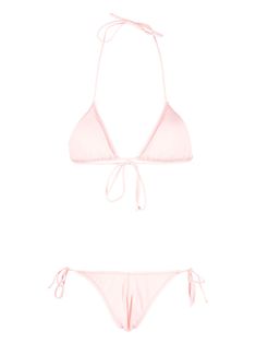 Susan halterneck bikini set from REINA OLGA featuring blush pink, recycled polyamide blend, stretch-design, triangle cup, halterneck tie fastening, rear tie fastening, classic bottoms, mid-rise and side-tie bottoms. Be mindful to try on swimwear over your own garments.. This item is made from at least 50% recycled or upcycled materials. For recycled synthetic clothing products, we highly recommend using a microfibre-catching washing bag to ensure that no microplastics that can pollute water are released in the process.. Learn more about what makes a product Conscious on our Conscious Criteria page. Size Info NUMERIC ITALIAN Color Detail Pink Made In Italia Material Polyamide 78% Elastane 22% Season One Spring-Summer Season Two Spring-Summer Product sea clothing Brand Reina Olga Size And Fi Sea Clothing, Design Triangle, Sea Clothes, Latest Fashion Design, Upcycled Materials, Pink Swimsuit