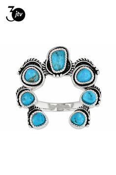 Indulge in the captivating allure of our Blue Composite Turquoise Sterling Silver Squash Blossom Ring from Southwest Style by JTV���. Crafted with meticulous attention to detail, this exquisite piece features composite turquoise pieces intricately bound together for a stunning visual effect. The ring showcases vibrant blue hues that evoke feelings of serenity and sophistication.  The gemstone information reveals multiple turquoise stones varying in size but consistent in their rich blue color pa Southwest Jewelry Jtv, Squash Blossom, Blue Colour Palette, Southwest Style, Turquoise Stones, Vibrant Blue, Blue Hues, Turquoise Sterling Silver, Turquoise Stone