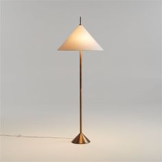 a floor lamp with a white shade on it's side and a cord attached to the base