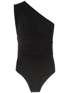 a black one piece swimsuit with an asymmetrical design