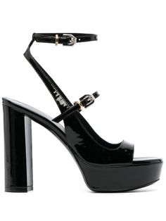 black calf leather mixed-metal hardware open toe double buckle fastening branded leather insole 120mm block heel leather outsole platform sole Leather Heels Sandals, Black Sandals Heels, Iconic Bags, Demi Fine Jewelry, Flat Boots, Ballet Flat Shoes, Pump Sandals, Block Heels Sandal, Heel Sandals