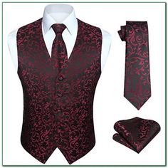 Color: Black&Burgundy-New Polyester Button Closure 3pc Suit Vest Setwaistcoat + Tie + Pocket Square. Same Paisley Floral Jacquard Woven Pattern Design, Perfect Match. This Mens Formal Vest Is Expertly Sewn And Tailored To Perfection. The Craft Is Beautiful, Including The Perfectly Covered Buttons And Sewn Buttonholes. Mens Dress Vestfashion Design, Well Made, Solid And Paisley Tuxedo Vest, A Variety Of Colors Offers You A Wealth Of Options, V Neck, 2 Real Pockets,5 Button Front, And A Full Back Groomsman Burgundy Vest, Black Business Sets For Fall, Elegant Red Winter Set, Black Sets For Semi-formal Fall Occasions, Elegant Burgundy Sets For Formal Occasions, Elegant Black Sleeveless Set, Black Sleeveless Formal Set, Elegant Black Winter Sets, Fitted Sleeveless Winter Set