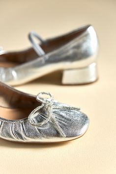 Polyester upper, insole Rubber sole Slip-on styling Imported | Ballet Heels by Maeve in Silver, Women's, Size: 36, Polyester/Rubber at Anthropologie Silver Heels With Round Toe Medium Width, Silver Closed Toe Court Shoes Medium Width, Silver Closed Toe Court Shoes With Padded Heel, Silver Court Shoes With Padded Heel And Round Toe, Silver Heels With Leather Sole And Block Heel, Silver Block Heel Heels With Leather Sole, Silver Block Heel Shoes With Leather Sole, Silver Heels With Round Toe, Silver Heels With Removable Insole