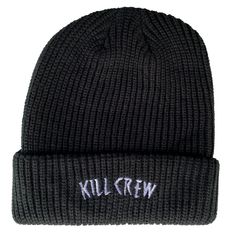 Classic knit fold up beanie Embroidered Kill Crew 100% acrylic Approximate length 11.5" inches (un-cuffed) Black Beanie Cap, One Size Fits Most, Black One Size Fits Most Beanie Cap, Adjustable Black Beanie, Black Cotton Beanie Cap, Adjustable Black Beanie For Streetwear, Black Cotton Beanie, Black Cotton Beanie, One Size, Kill Crew, Cuffed Beanie